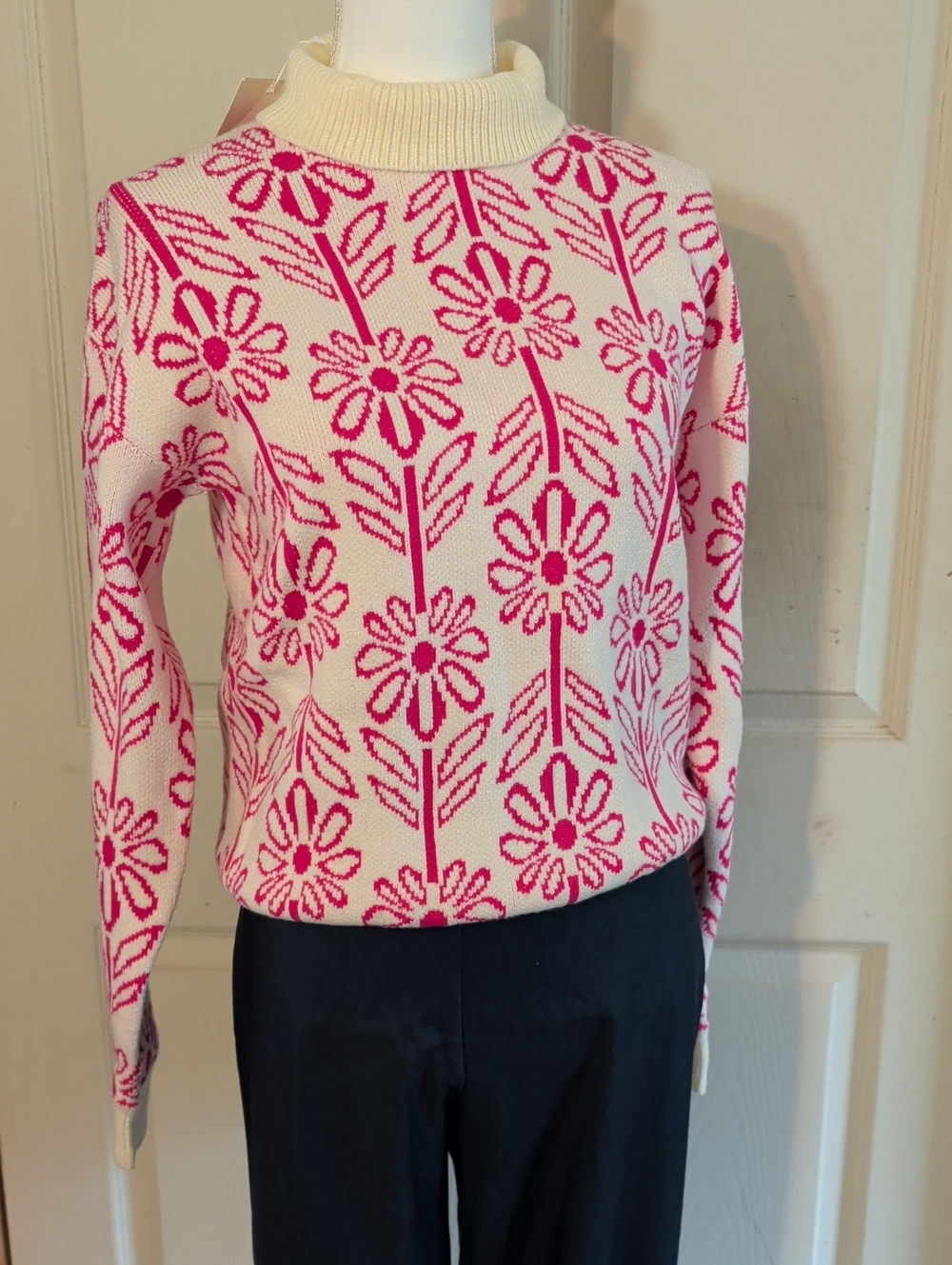 Cream & Pink Floral Jacquard Turtleneck Sweater